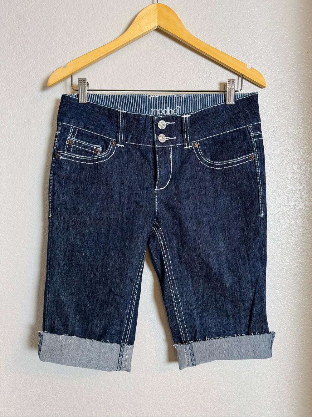 MODBE Y2K Dark Wash Denim Bermuda Shorts Flap Pockets Thick Stitch Cuffed